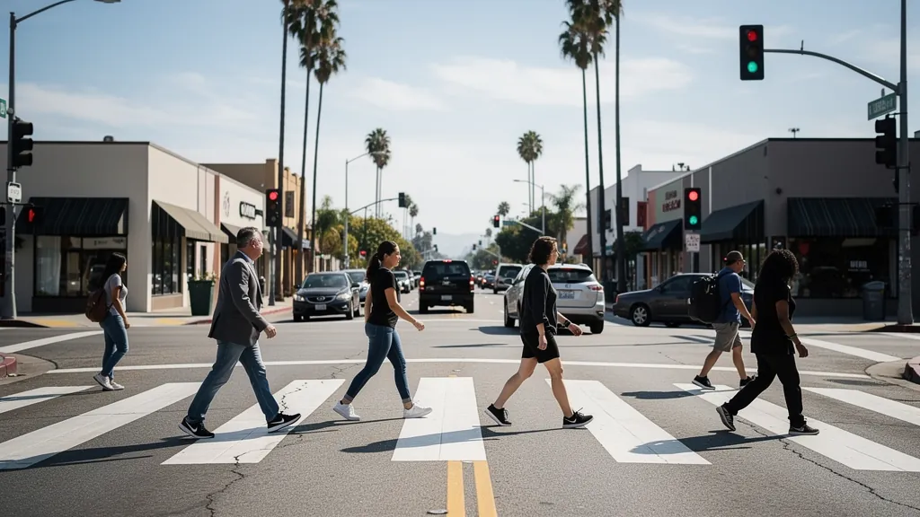 Busy crosswalk where pedestrians cross traffic in Culver City