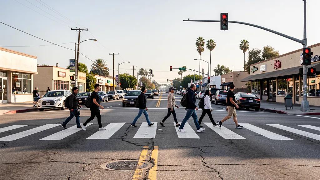 Busy crosswalk where pedestrians cross traffic in Downey