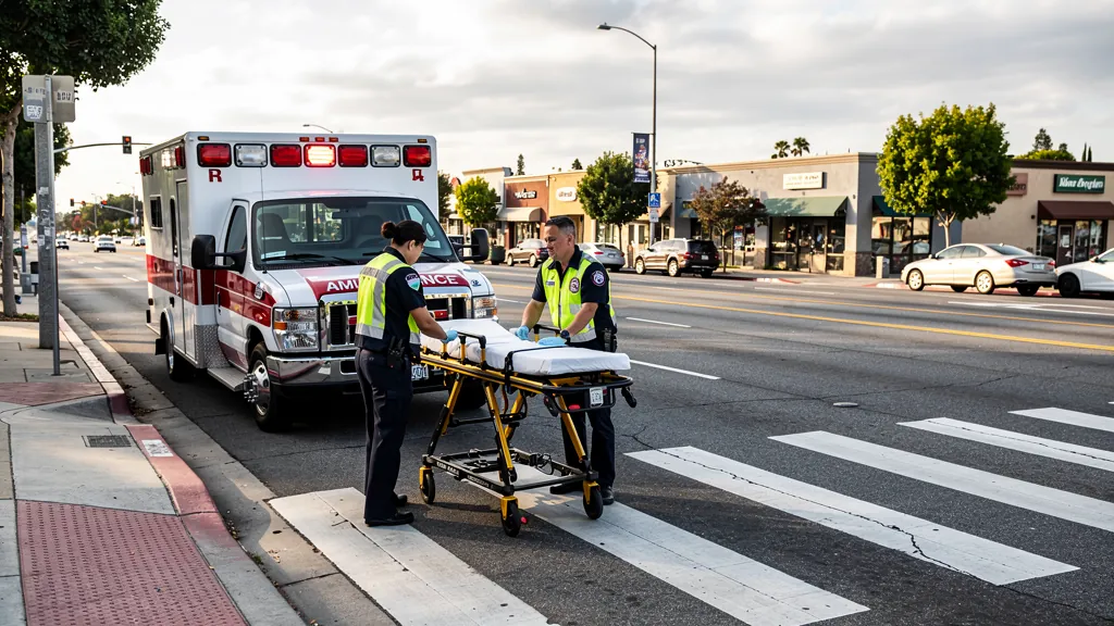 Paramedics responding near a crosswalk in Downey