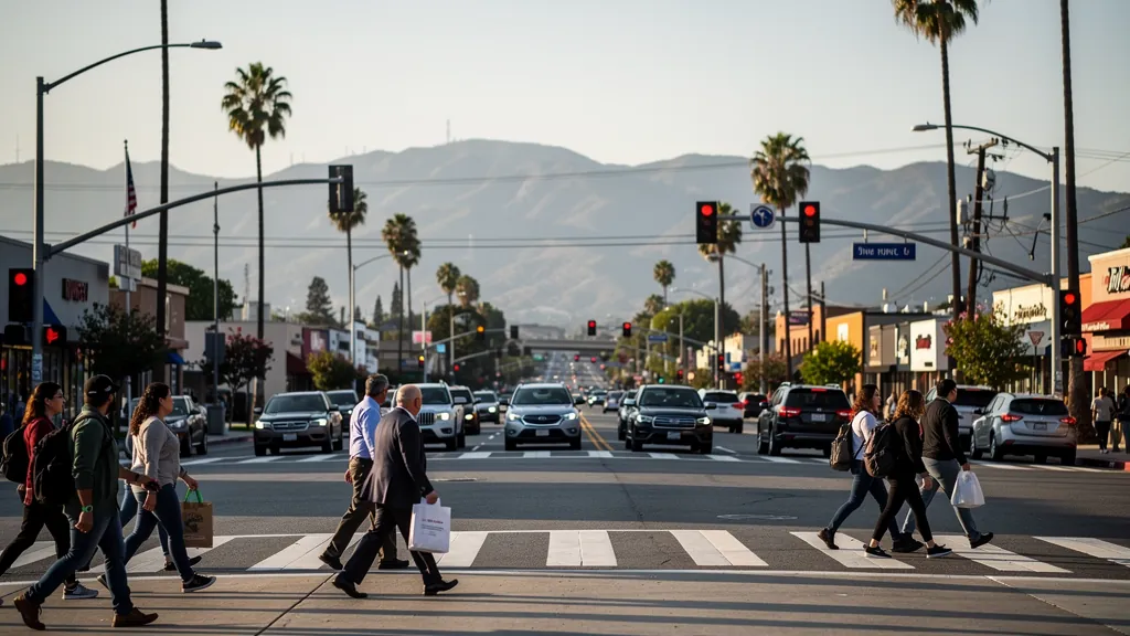 Busy crosswalk where pedestrians cross traffic in Encino