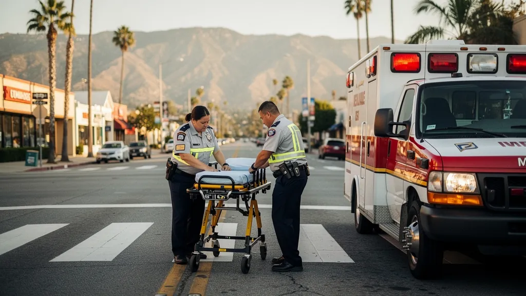 Paramedics responding near a crosswalk in Encino