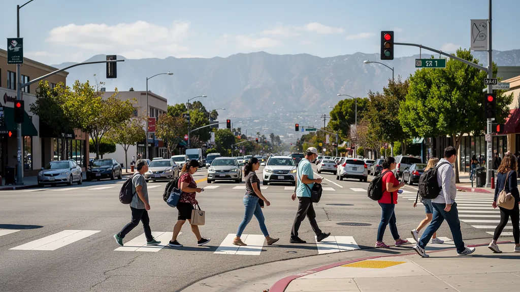 Busy crosswalk where pedestrians cross traffic in Glendale