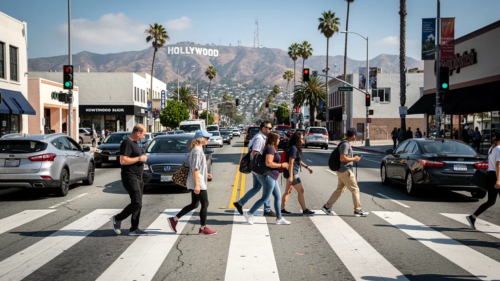 Busy crosswalk where pedestrians cross traffic in Hollywood
