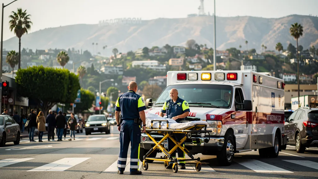 Paramedics responding near a crosswalk in Hollywood