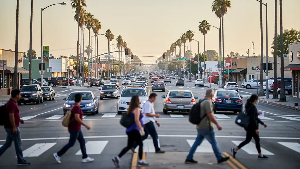 Busy crosswalk where pedestrians cross traffic in Inglewood