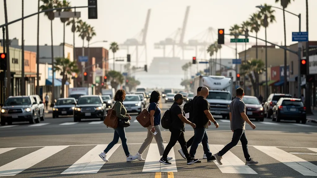 Busy crosswalk where pedestrians cross traffic in Long Beach