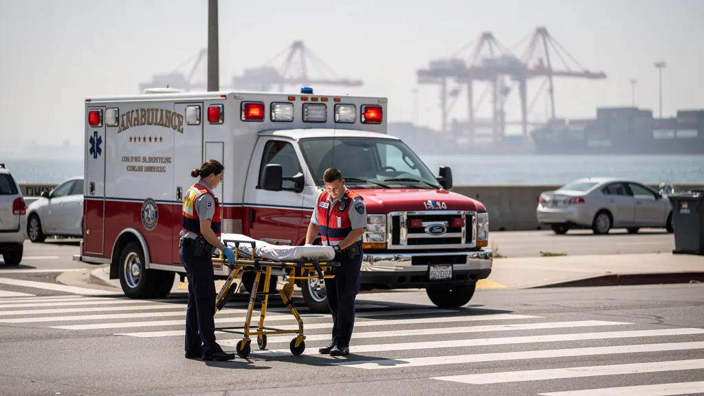 Paramedics responding near a crosswalk in Long Beach