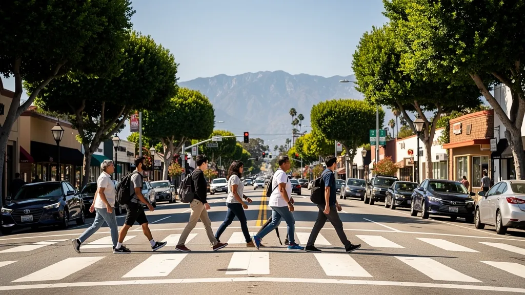 Busy crosswalk where pedestrians cross traffic in Pasadena
