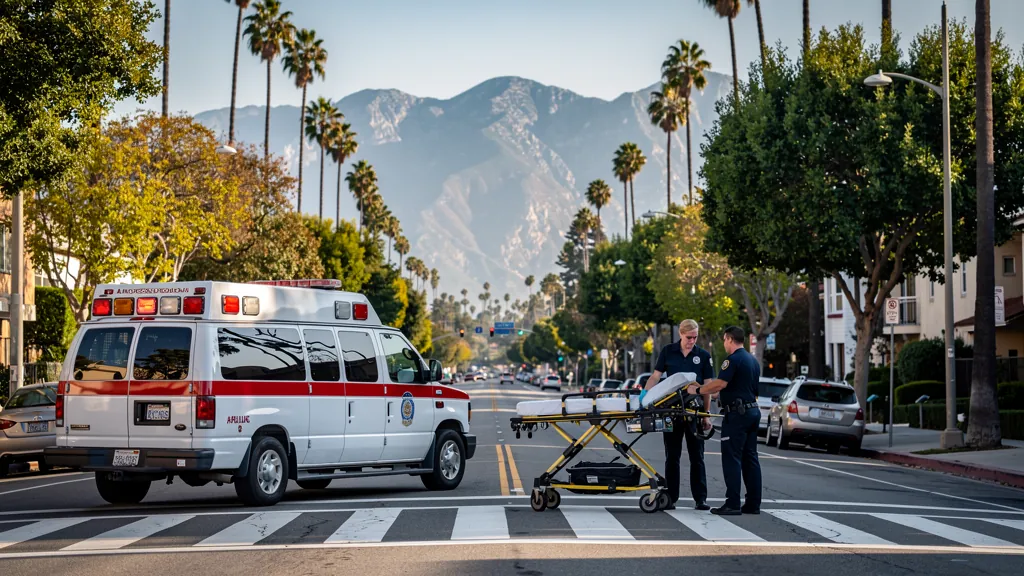 Paramedics responding near a crosswalk in Pasadena