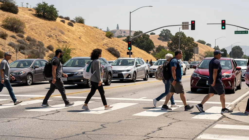 Busy crosswalk where pedestrians cross traffic in Santa Clarita
