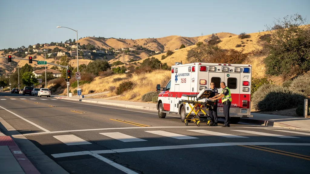 Paramedics responding near a crosswalk in Santa Clarita