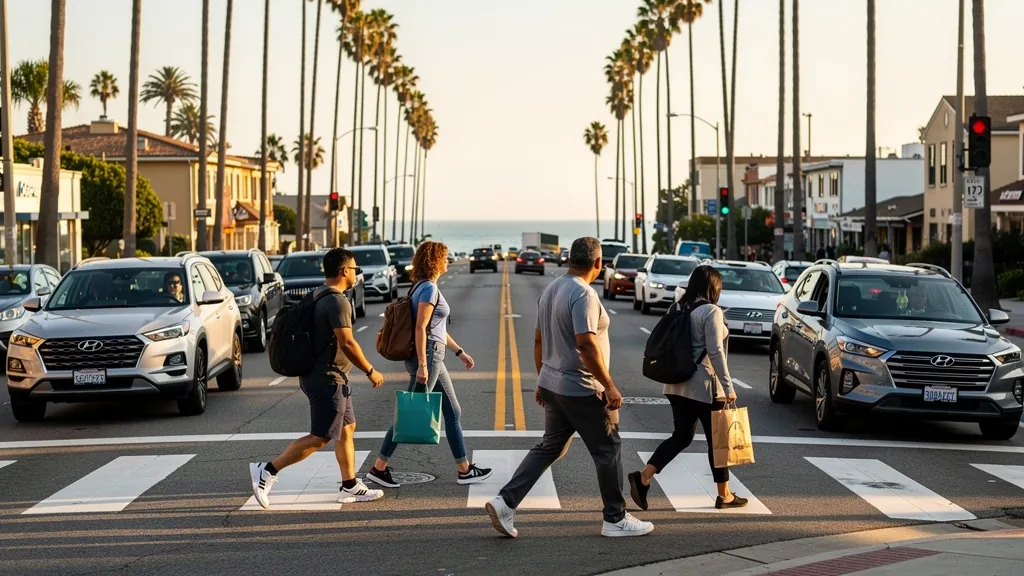 Busy crosswalk where pedestrians cross traffic in Santa Monica