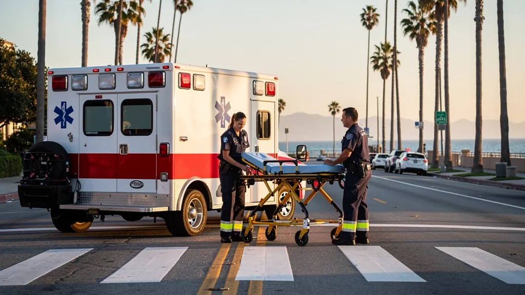Paramedics responding near a crosswalk in Santa Monica
