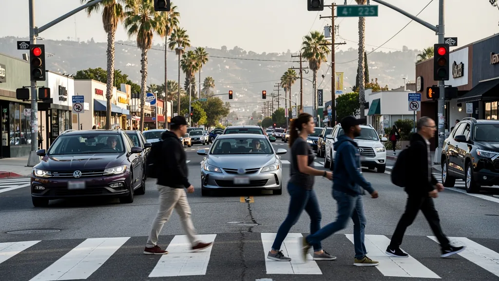 Busy crosswalk where pedestrians cross traffic in Sherman Oaks