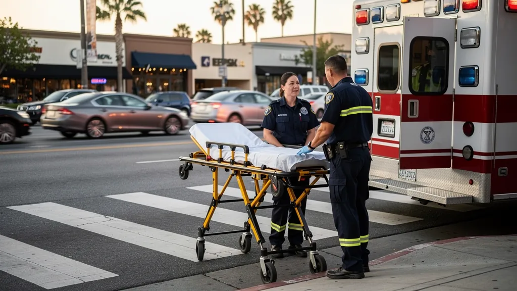Paramedics responding near a crosswalk in Sherman Oaks