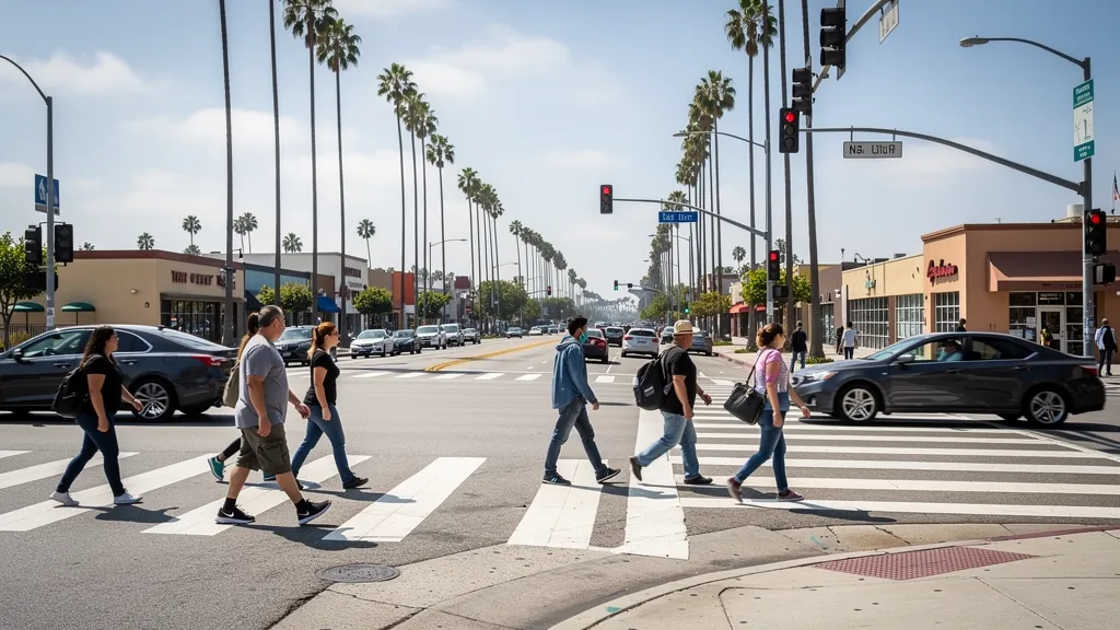 Busy crosswalk where pedestrians cross traffic in Torrance