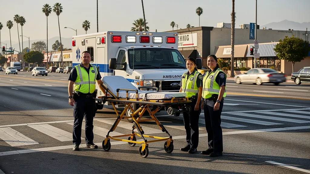 Paramedics responding near a crosswalk in Van Nuys