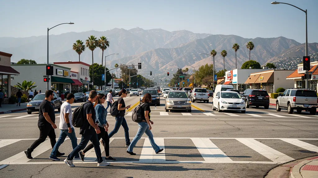 Busy crosswalk where pedestrians cross traffic in Woodland Hills