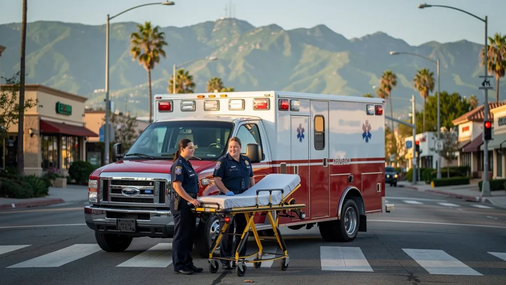 Paramedics responding near a crosswalk in Woodland Hills
