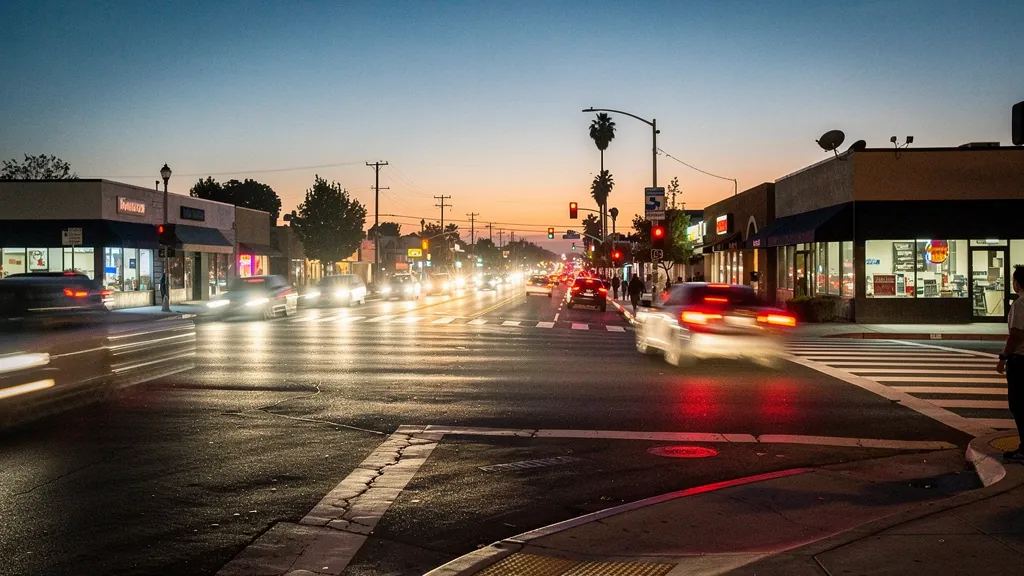Traffic at a busy intersection in Downey