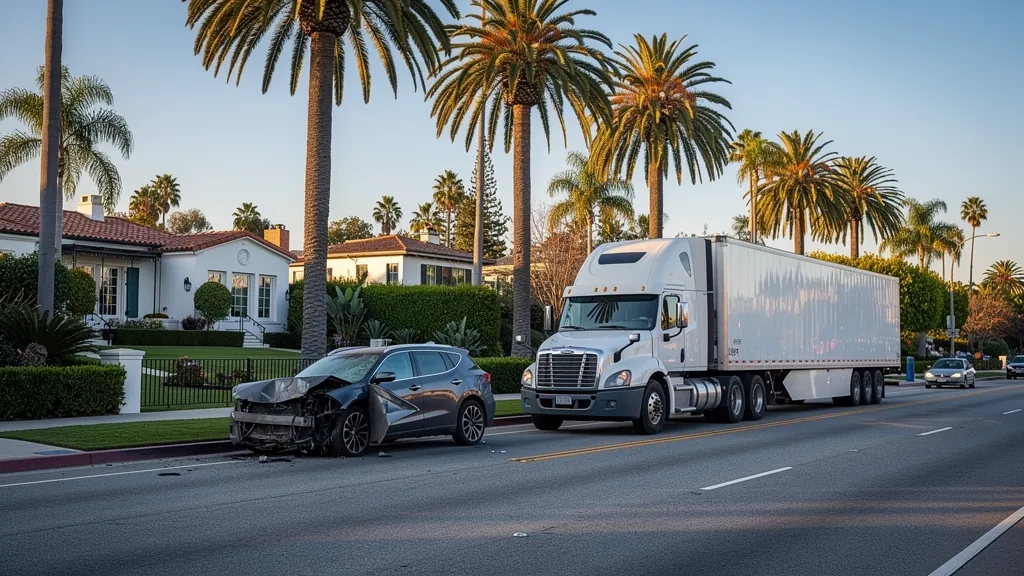 Semi-truck and damaged SUV after a truck collision in Beverly Hills