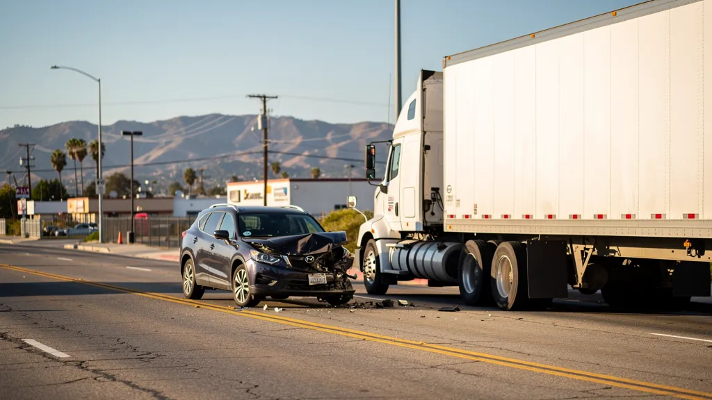 Semi-truck and damaged SUV after a truck collision in Burbank