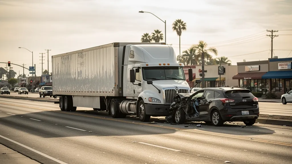 Semi-truck and damaged SUV after a truck collision in Downey