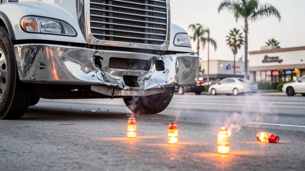 Damaged big-rig front end after a truck crash in Downey