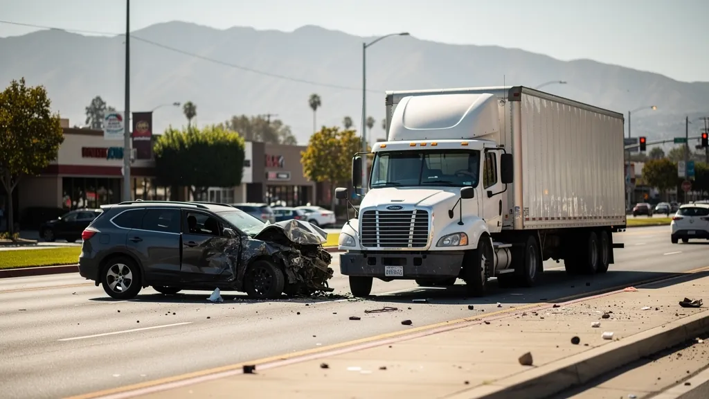 Semi-truck and damaged SUV after a truck collision in Encino