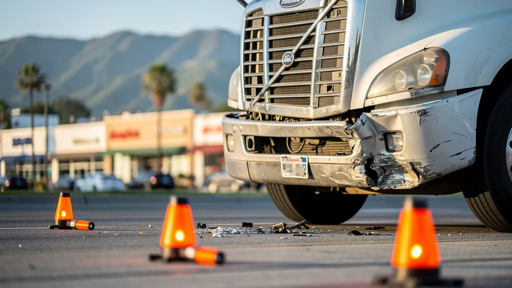 Damaged big-rig front end after a truck crash in Encino