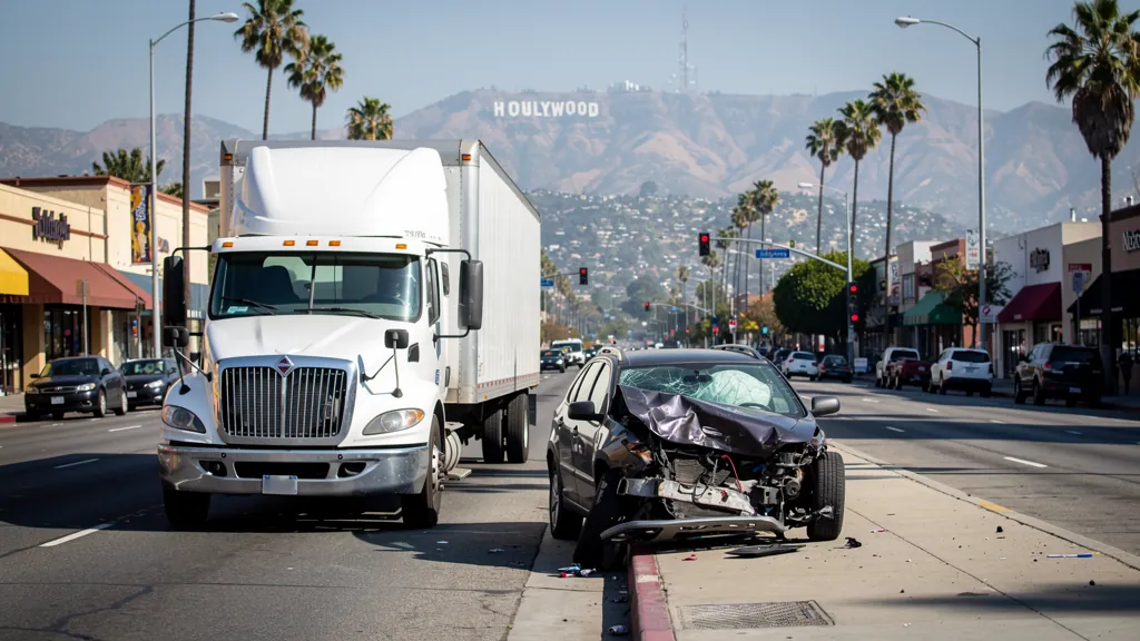 Semi-truck and damaged SUV after a truck collision in Hollywood