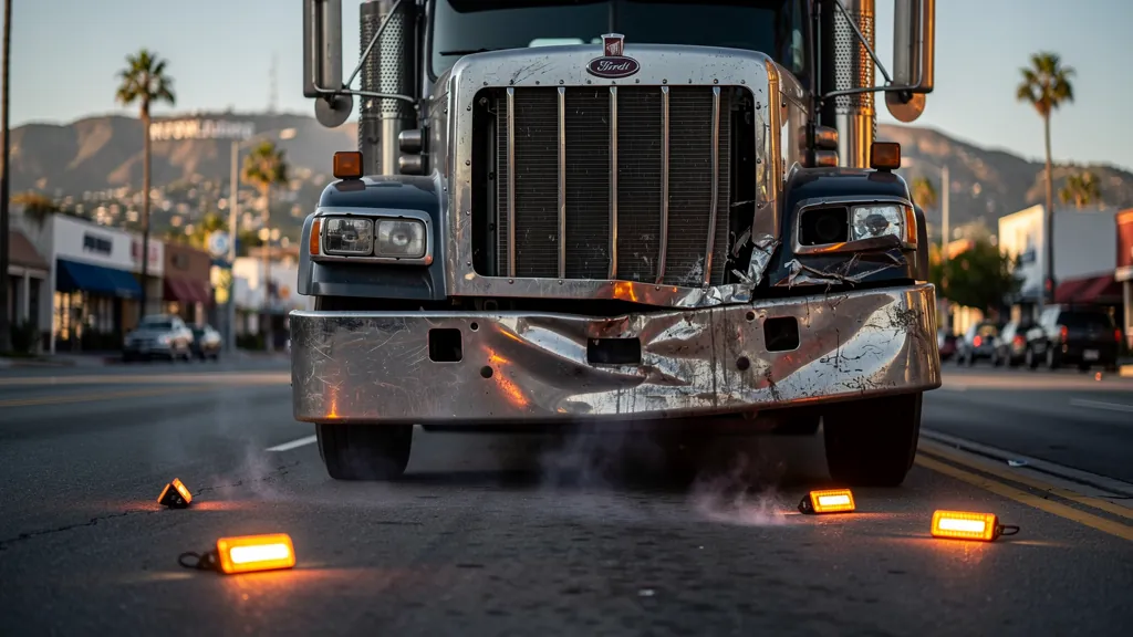 Damaged big-rig front end after a truck crash in Hollywood