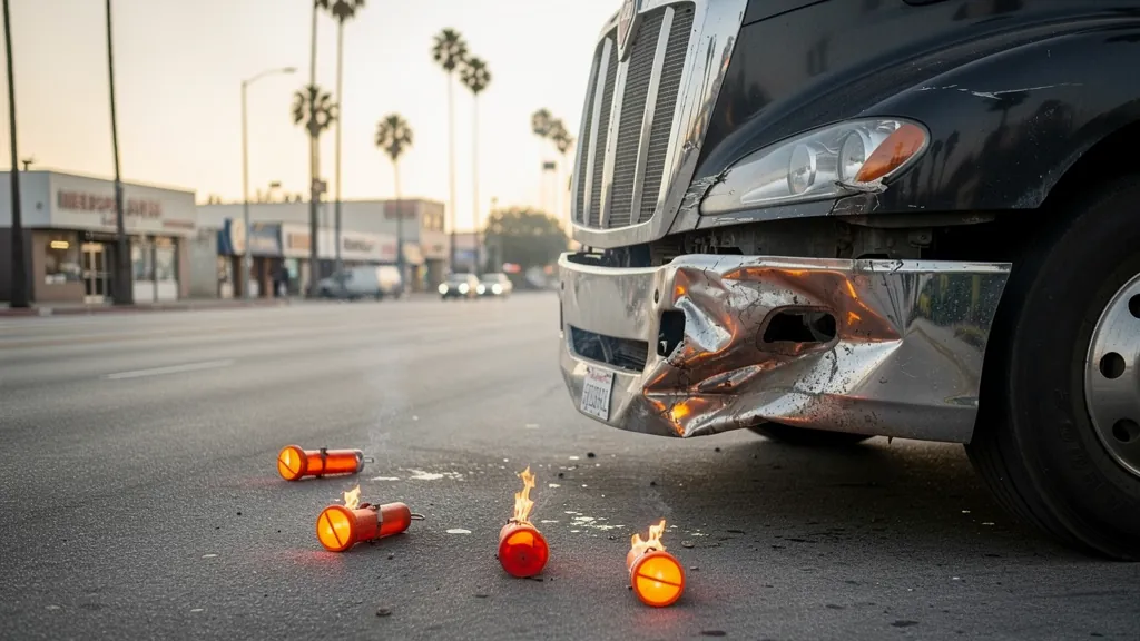Damaged big-rig front end after a truck crash in Inglewood