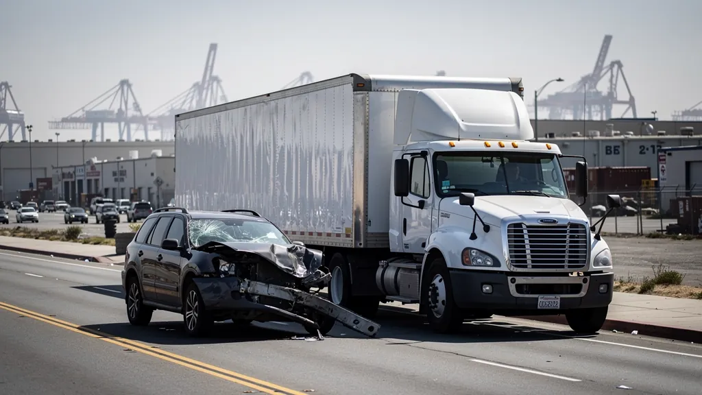 Semi-truck and damaged SUV after a truck collision in Long Beach