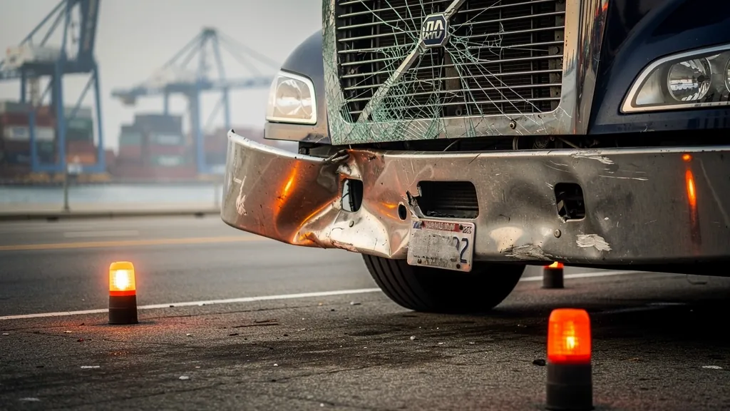 Damaged big-rig front end after a truck crash in Long Beach