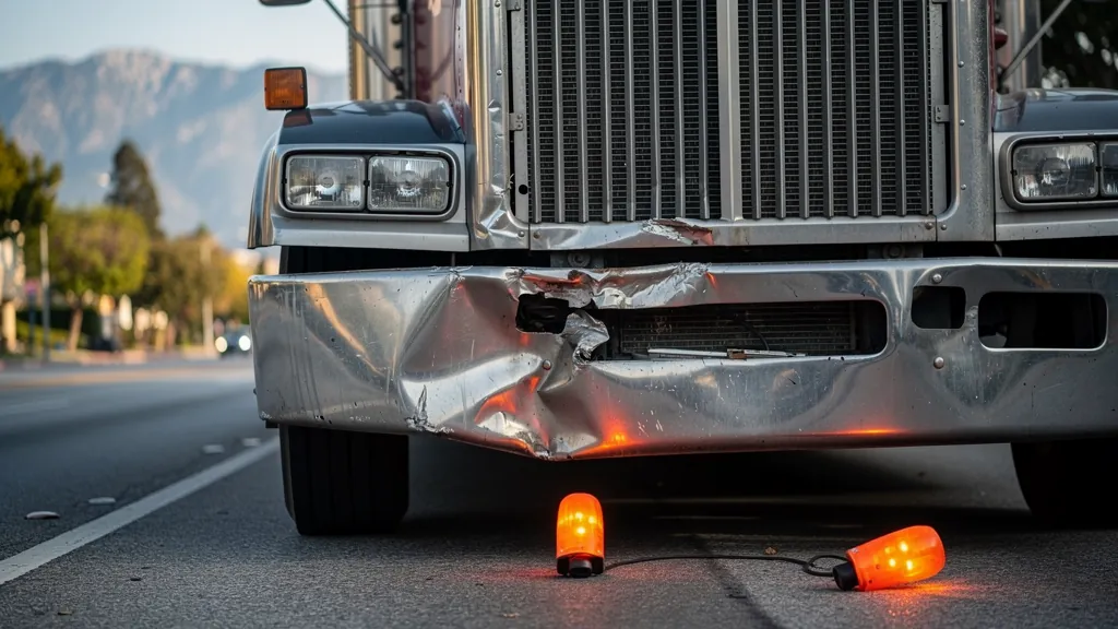 Damaged big-rig front end after a truck crash in Pasadena
