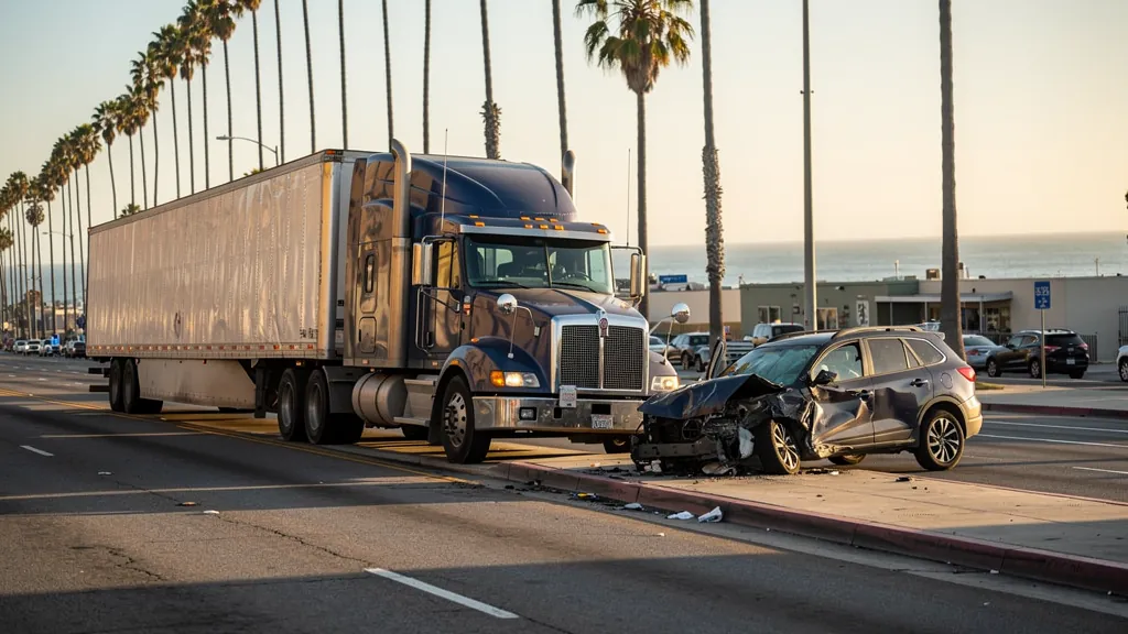 Semi-truck and damaged SUV after a truck collision in Santa Monica
