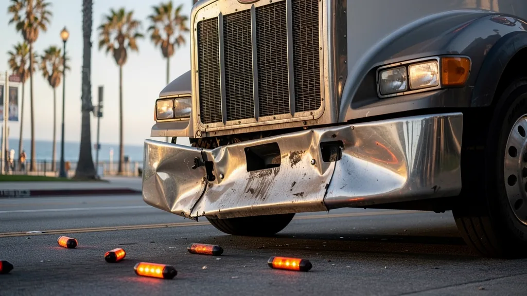 Damaged big-rig front end after a truck crash in Santa Monica