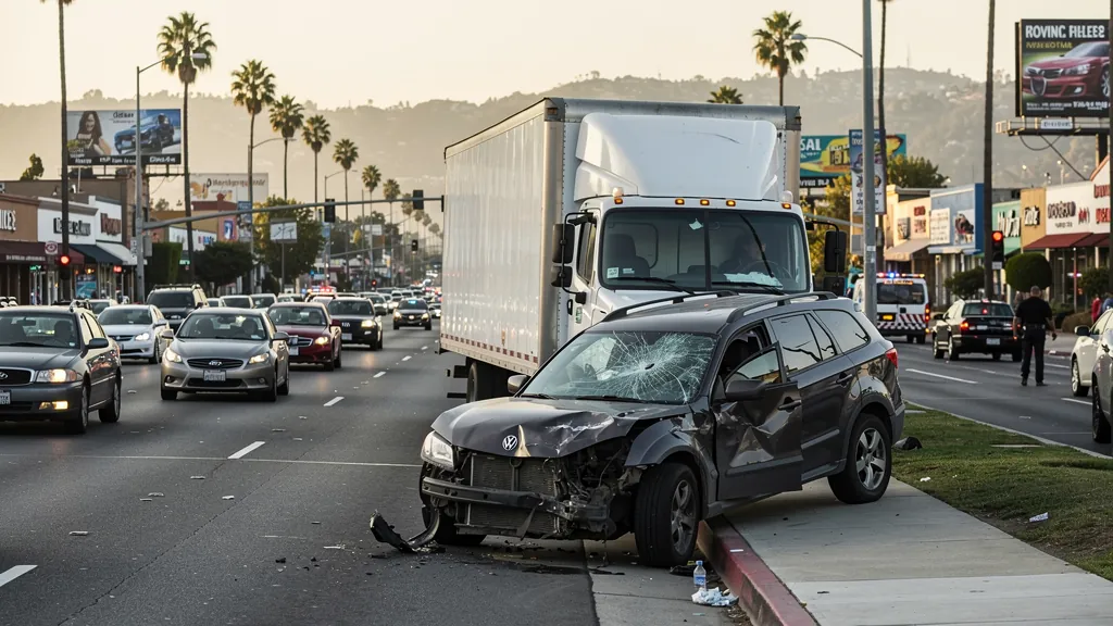 Semi-truck and damaged SUV after a truck collision in Sherman Oaks