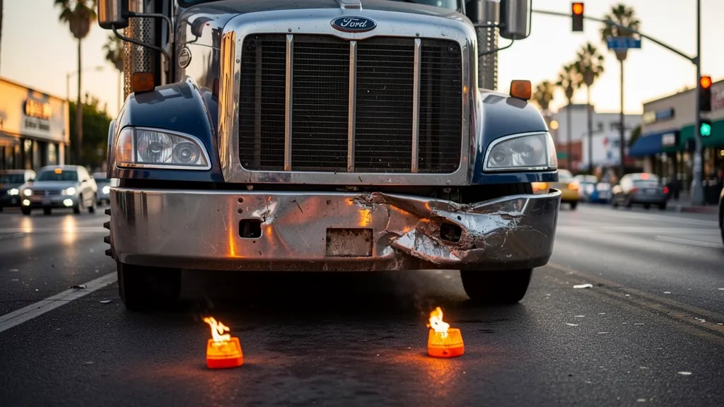 Damaged big-rig front end after a truck crash in Sherman Oaks
