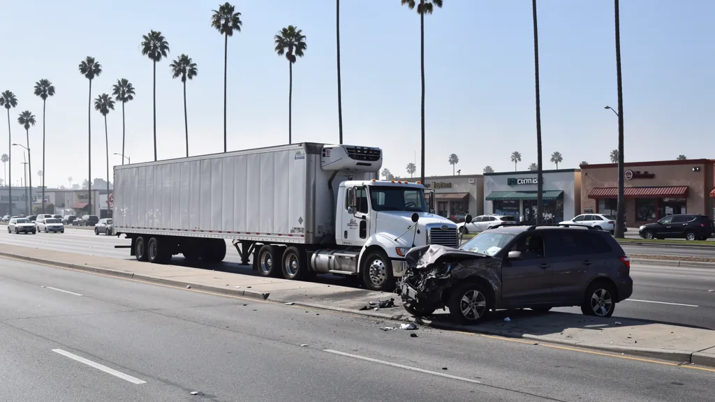 Semi-truck and damaged SUV after a truck collision in Torrance