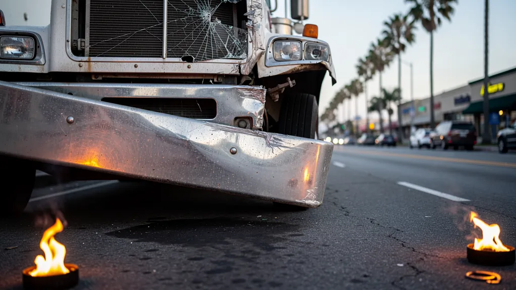 Damaged big-rig front end after a truck crash in Torrance