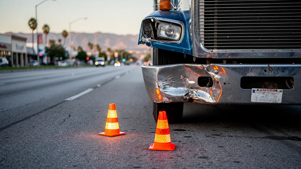 Damaged big-rig front end after a truck crash in Van Nuys