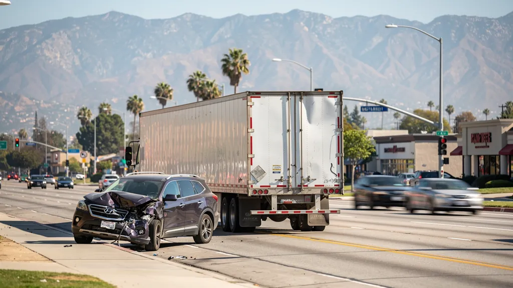Semi-truck and damaged SUV after a truck collision in Woodland Hills