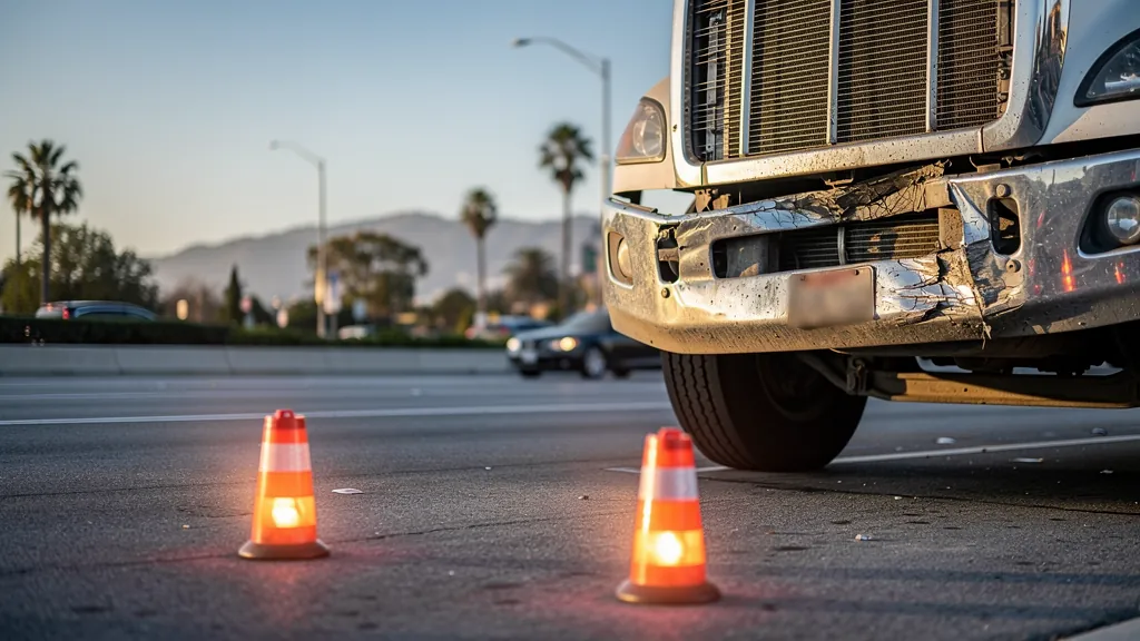 Damaged big-rig front end after a truck crash in Woodland Hills