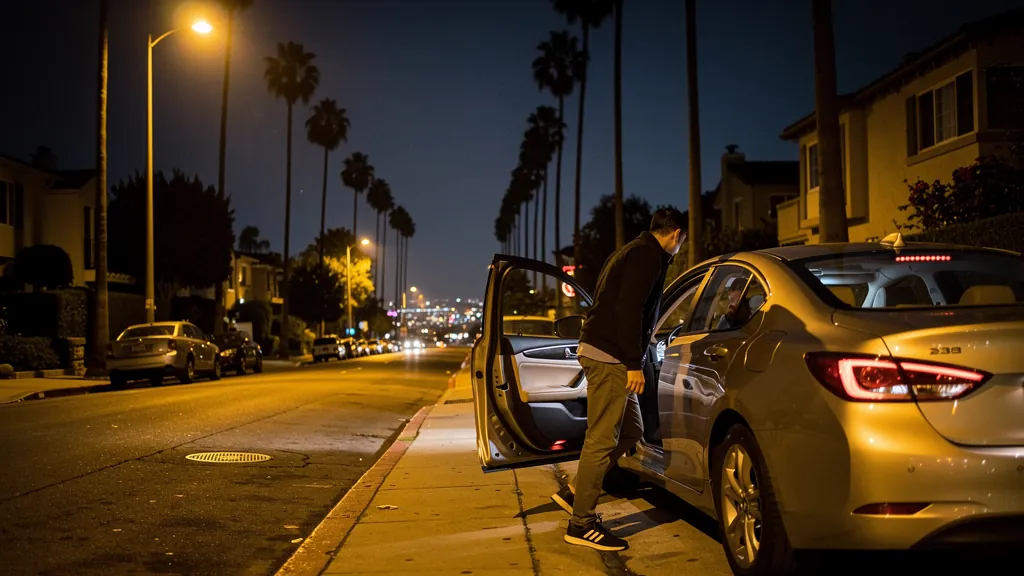 Passenger leaving a rideshare car at night in Beverly Hills
