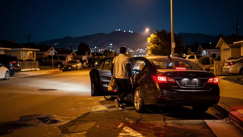 Passenger leaving a rideshare car at night in Burbank