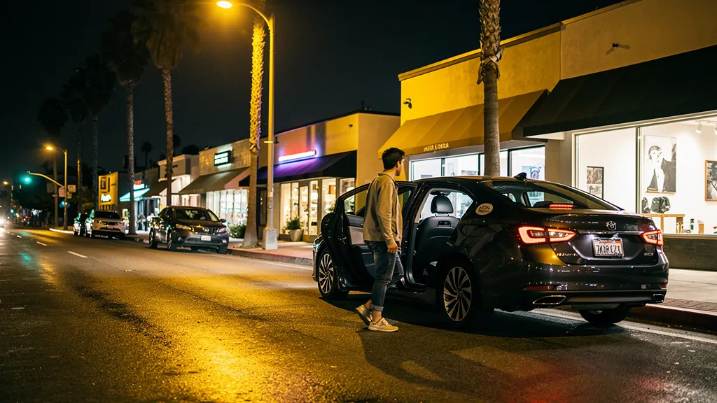 Passenger leaving a rideshare car at night in Culver City