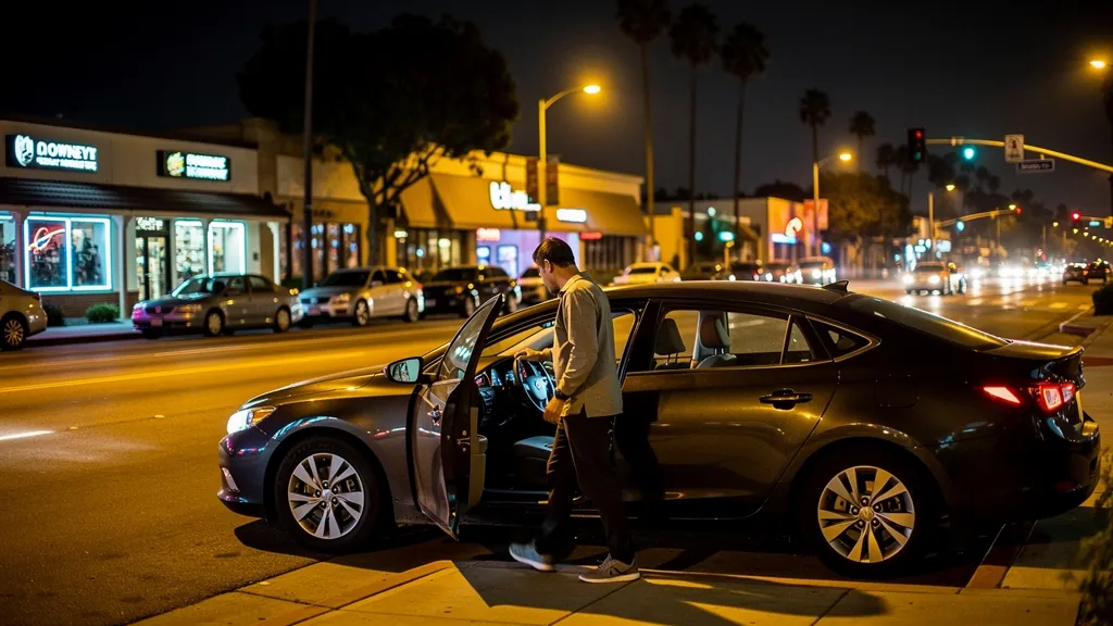 Passenger leaving a rideshare car at night in Downey