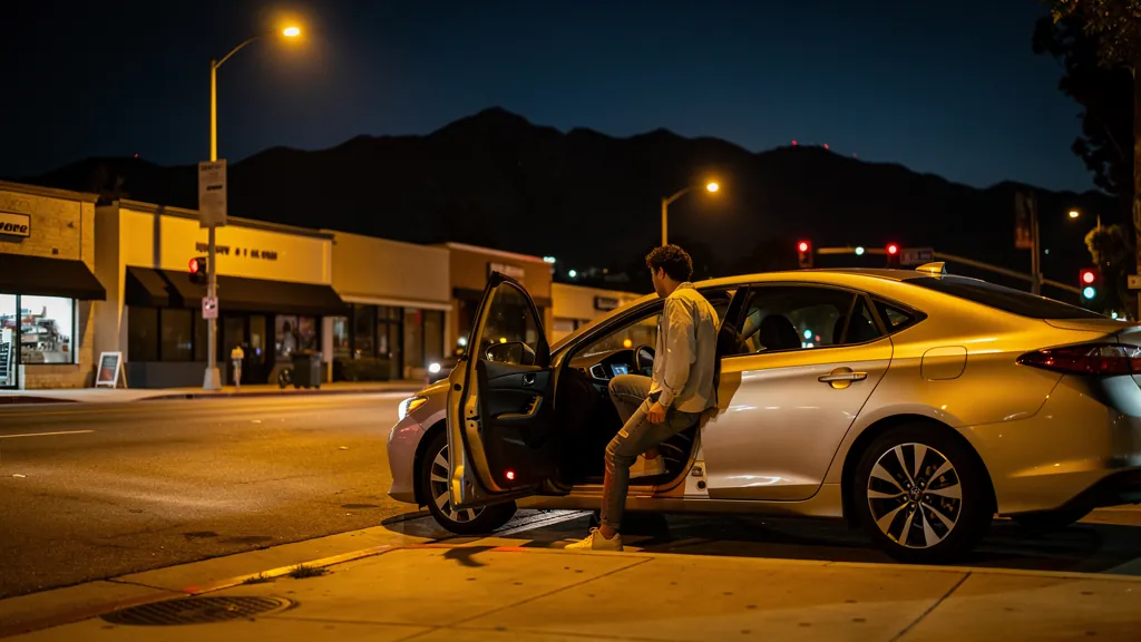 Passenger leaving a rideshare car at night in Encino